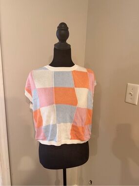 NWOT Checkerboard Knit Top in Pastel Blue, Pink & Orange